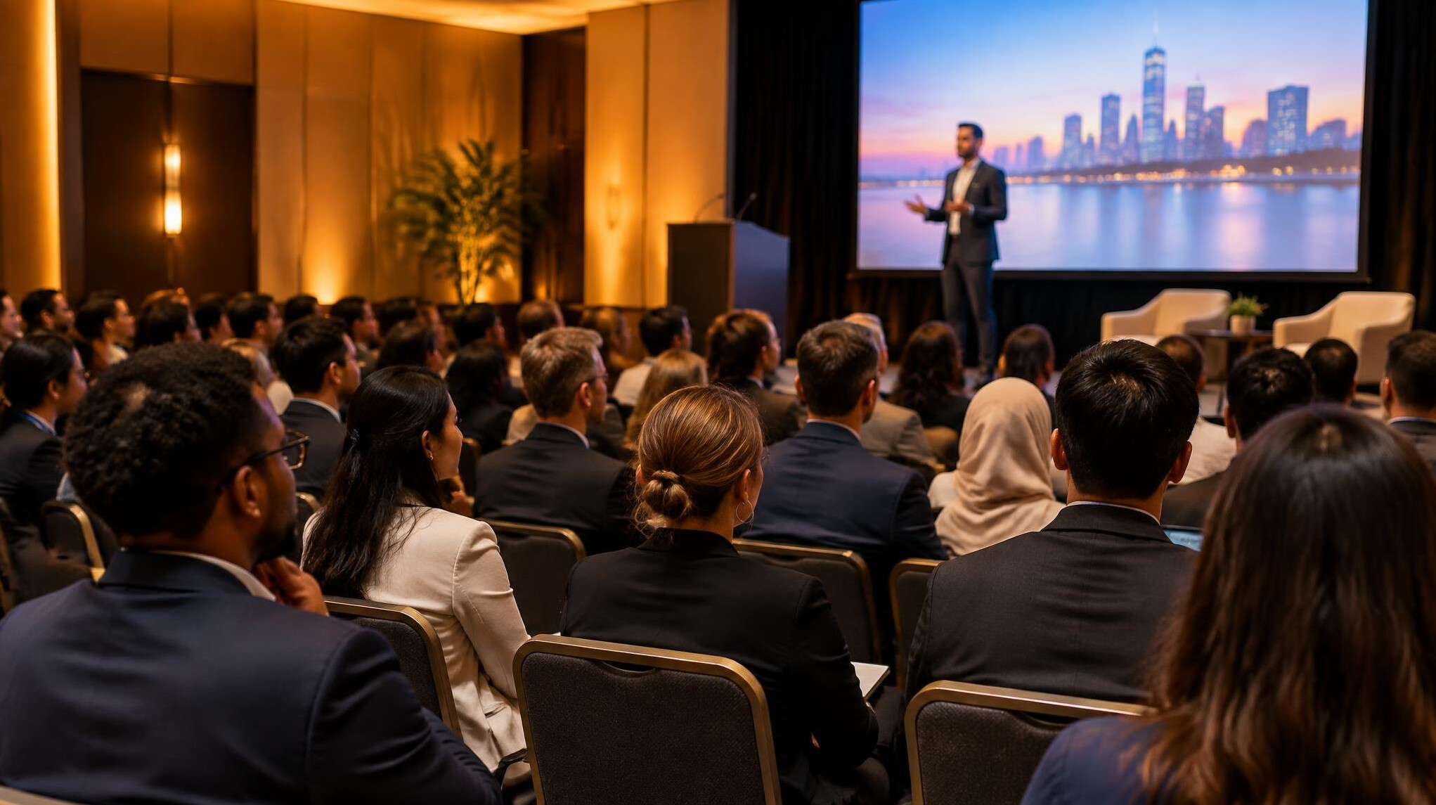 Audience seated at a business conference facing a stage