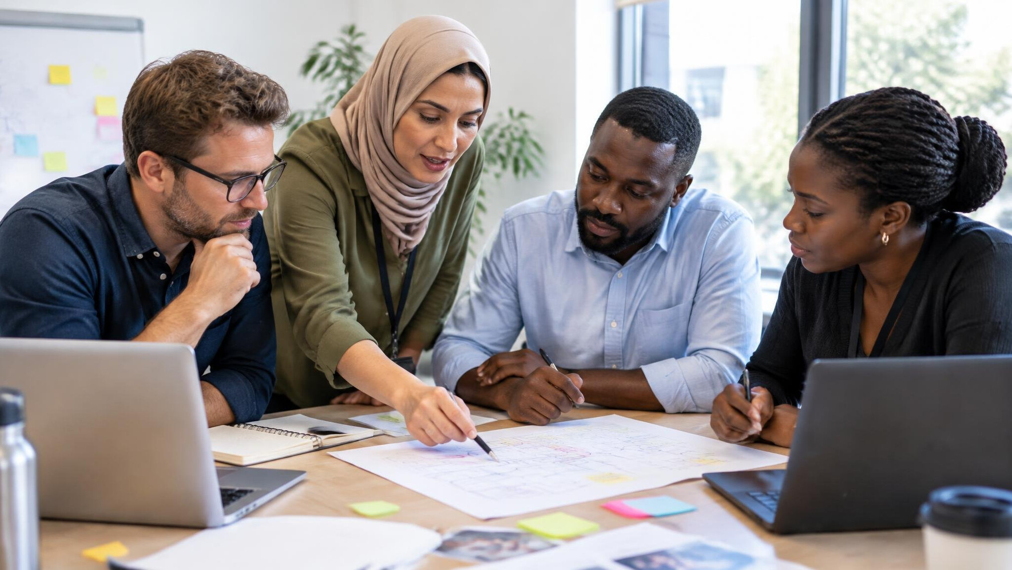 Small group of colleagues working together at a table during a workshop