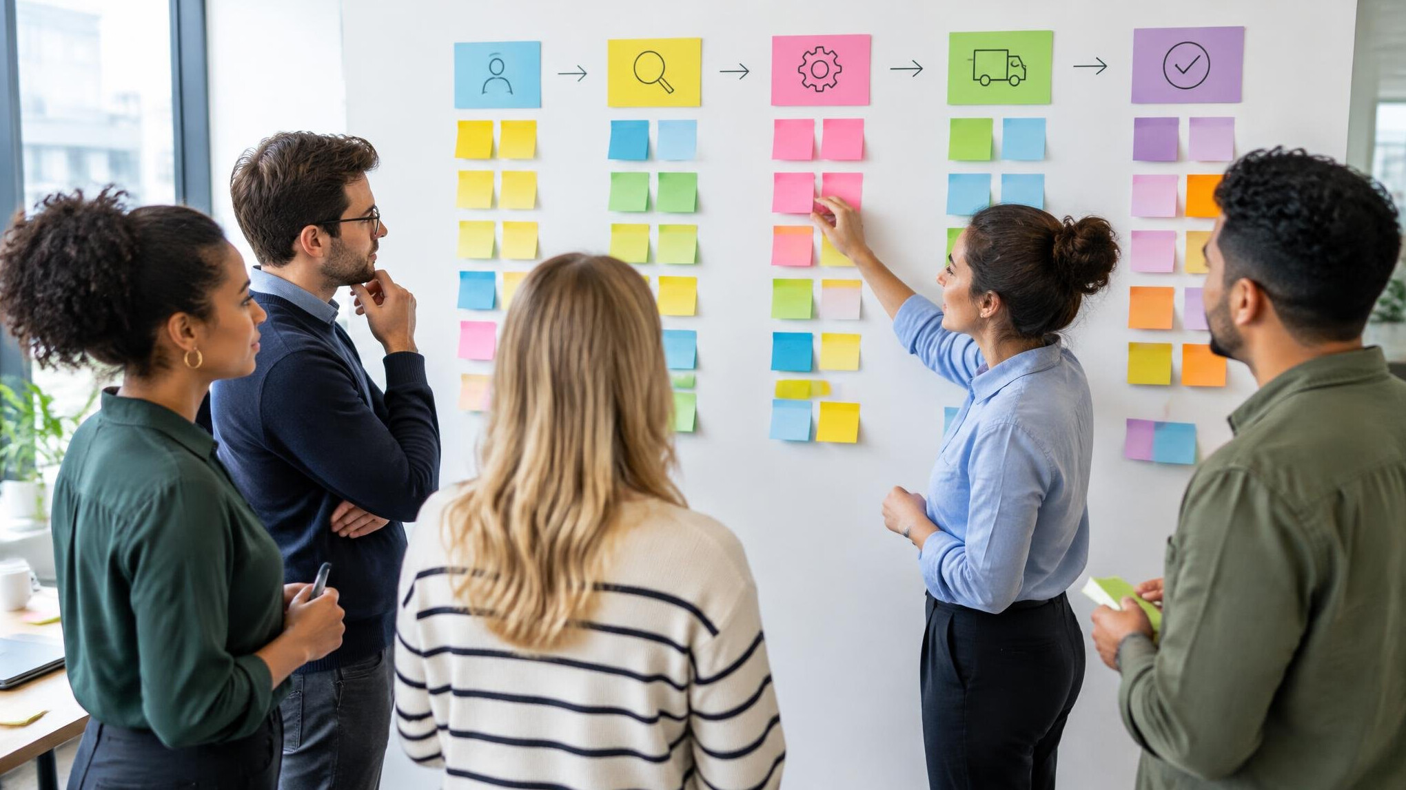 Colleagues arranging sticky notes on a wall during a planning workshop