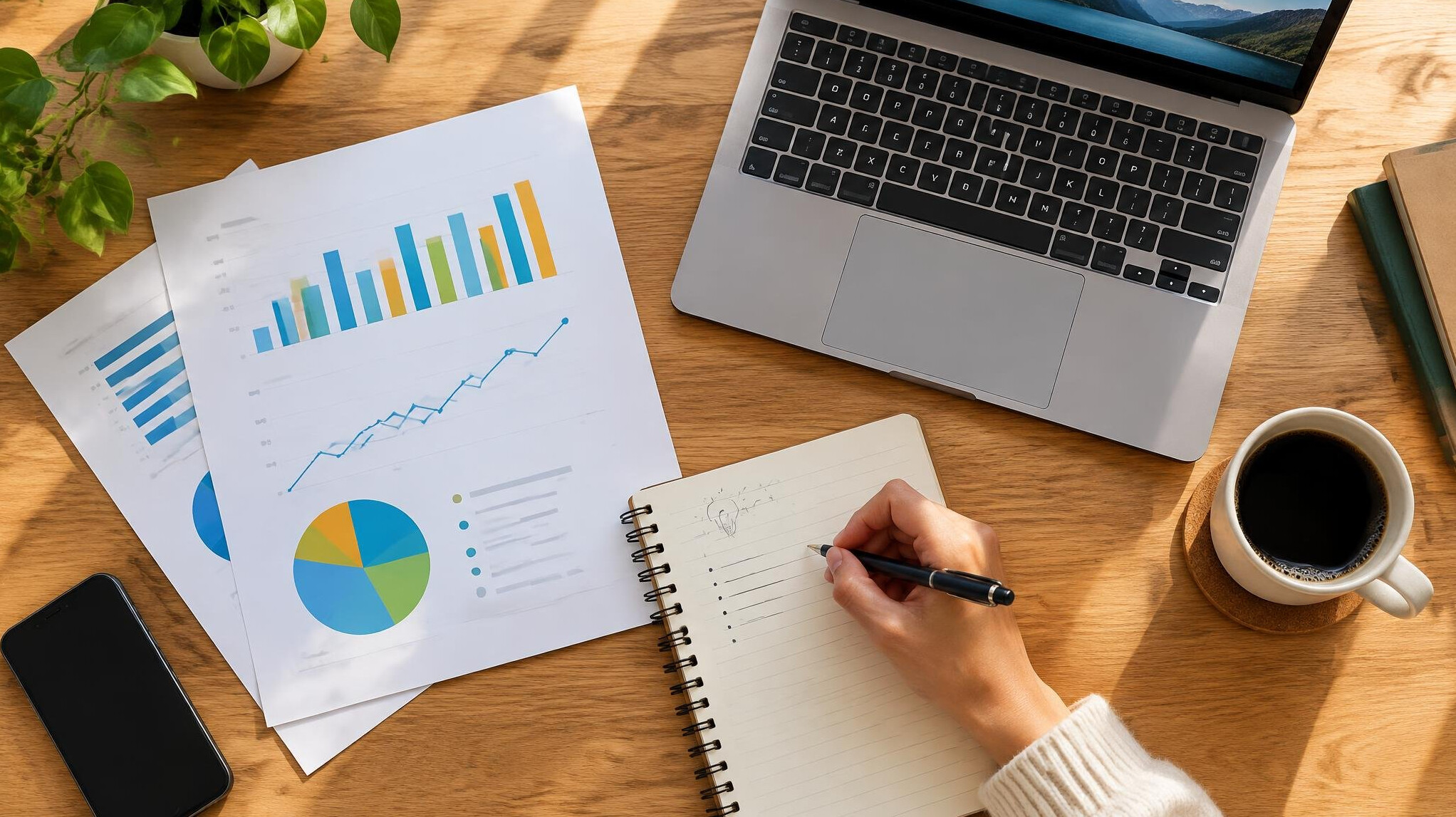 Hands writing notes next to a laptop and printed charts on a desk