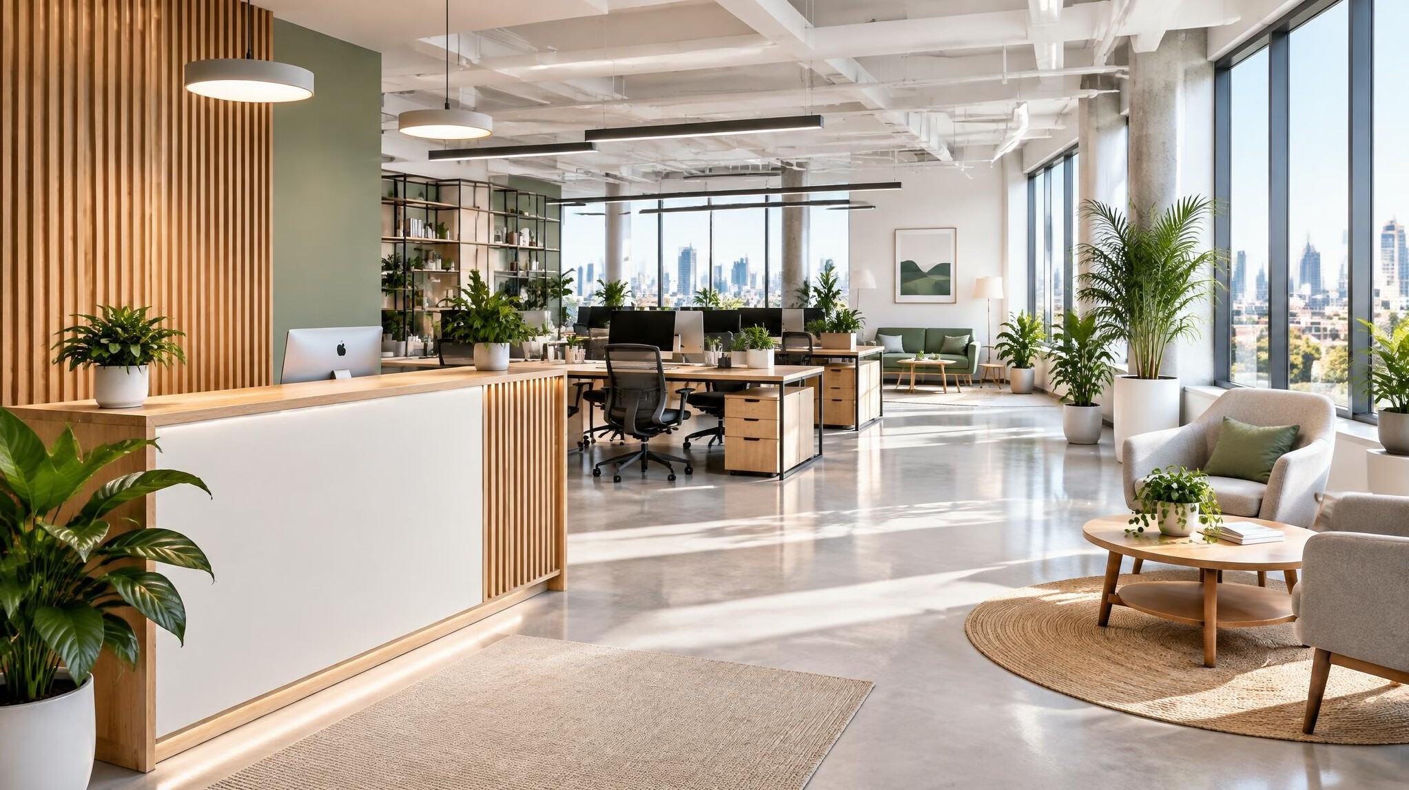 Bright modern office interior with desks and large windows