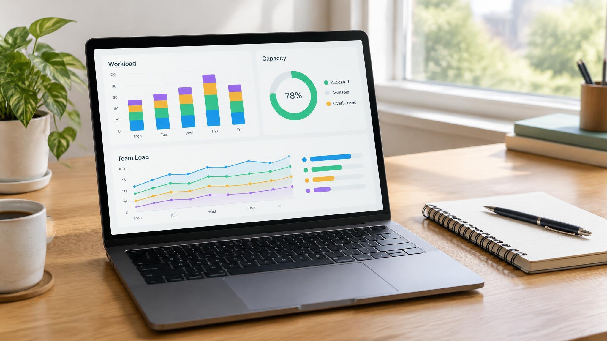 Laptop showing analytics charts on a desk with a notebook